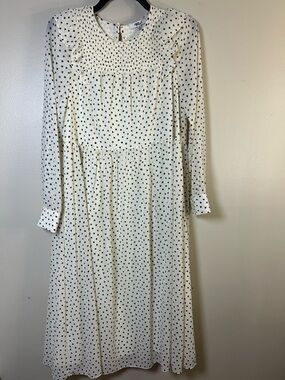 Madewell Ivory Black Polka Dot Smocked Midi Dress Ruffle Long Sleeve S